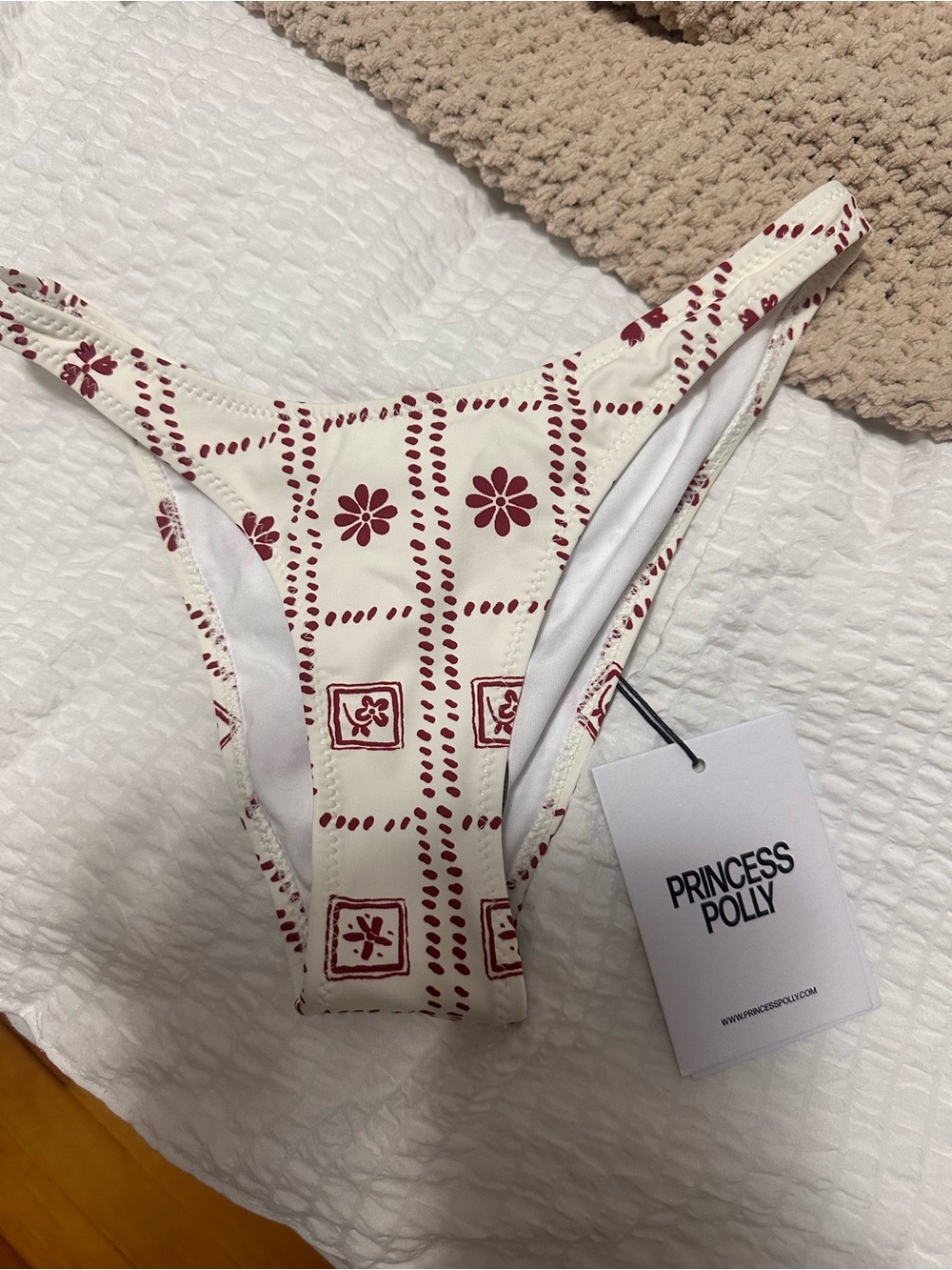 Princess Polly Cream & Burgundy Floral-Print Bikini Bottoms